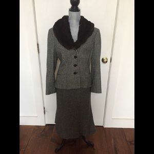 Ralph Lauren suit with detachable faux fur collar.